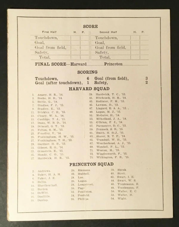 Princeton v. Harvard 1912 Score Card rosters